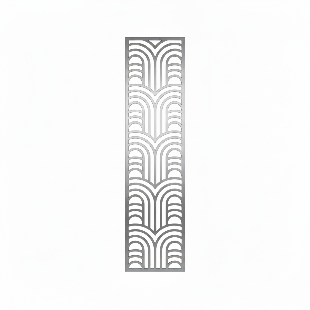 A vertical rectangular decorative metal screen featuring an intricate laser-cut art deco geometric pattern. The panel is crafted from high-quality stainless steel with a satin finish, ideal for use as a modern room divider, architectural wall insert, or ornamental privacy screen in luxury residential and commercial interiors.