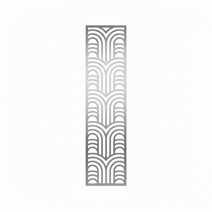 A vertical rectangular decorative metal screen featuring an intricate laser-cut art deco geometric pattern. The panel is crafted from high-quality stainless steel with a satin finish, ideal for use as a modern room divider, architectural wall insert, or ornamental privacy screen in luxury residential and commercial interiors.
