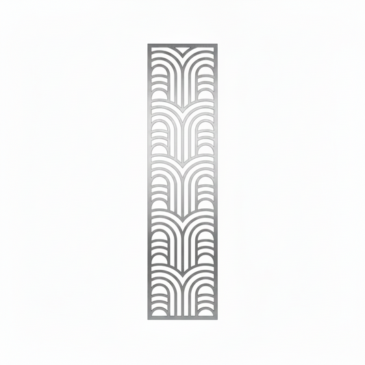 A vertical rectangular decorative metal screen featuring an intricate laser-cut art deco geometric pattern. The panel is crafted from high-quality stainless steel with a satin finish, ideal for use as a modern room divider, architectural wall insert, or ornamental privacy screen in luxury residential and commercial interiors.
