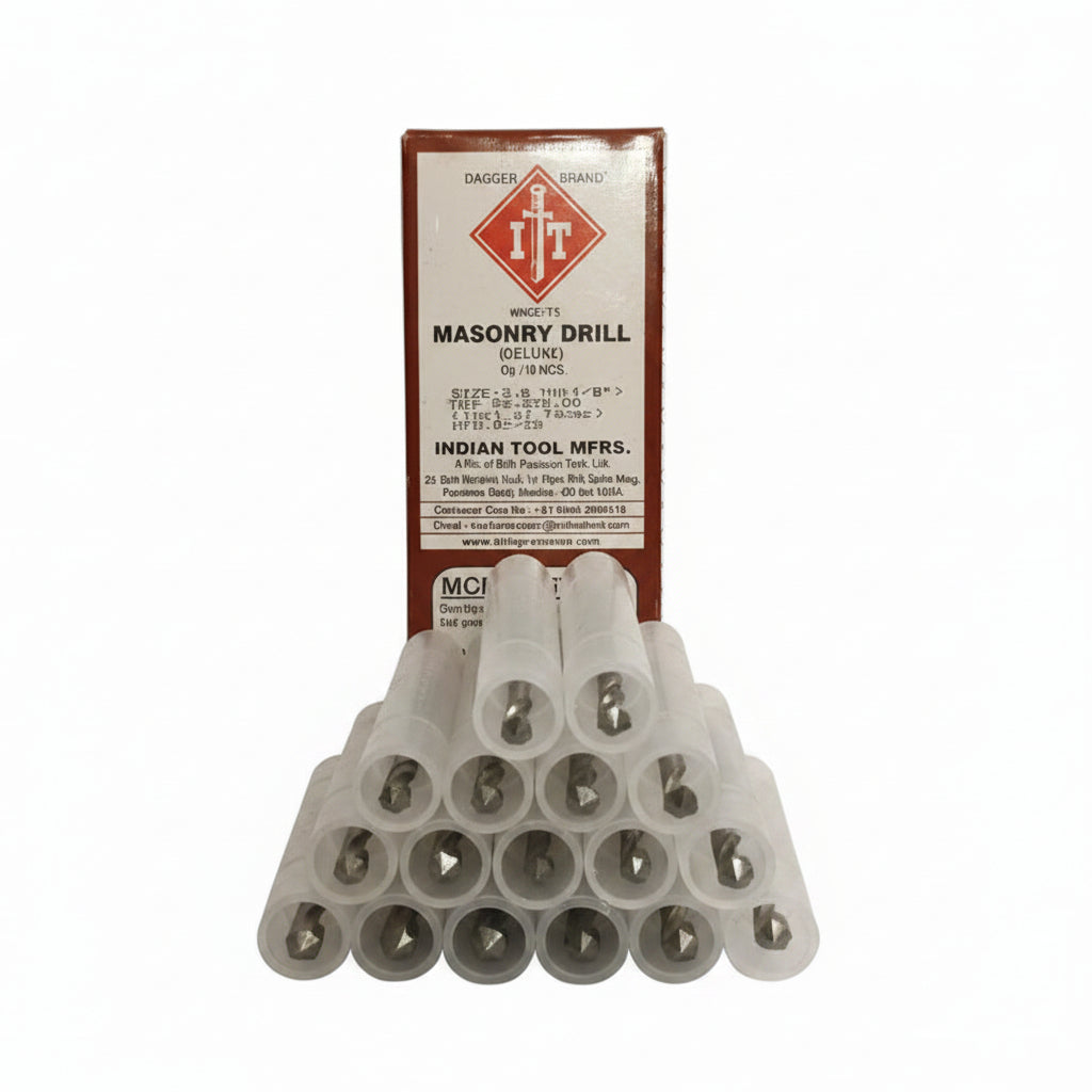Dagger ITI Brand 10-piece deluxe masonry drill bit set featuring 3.0mm (1/8 inch) carbide-tipped bits in individual protective plastic sleeves, designed for precision drilling in concrete and brick by Indian Tool Mfrs