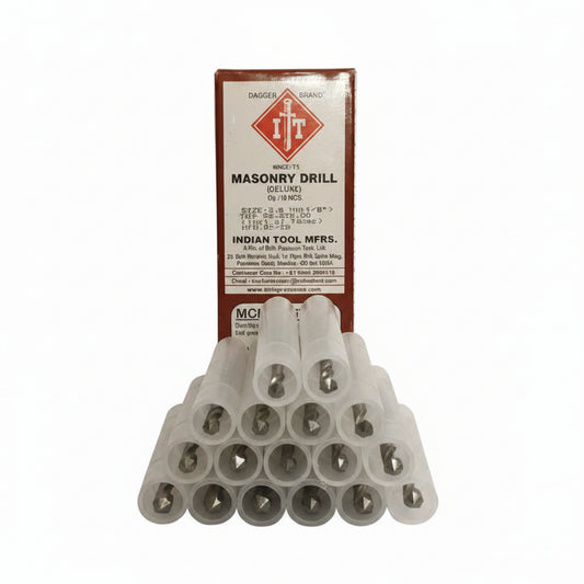Dagger ITI Brand 10-piece deluxe masonry drill bit set featuring 3.0mm (1/8 inch) carbide-tipped bits in individual protective plastic sleeves, designed for precision drilling in concrete and brick by Indian Tool Mfrs