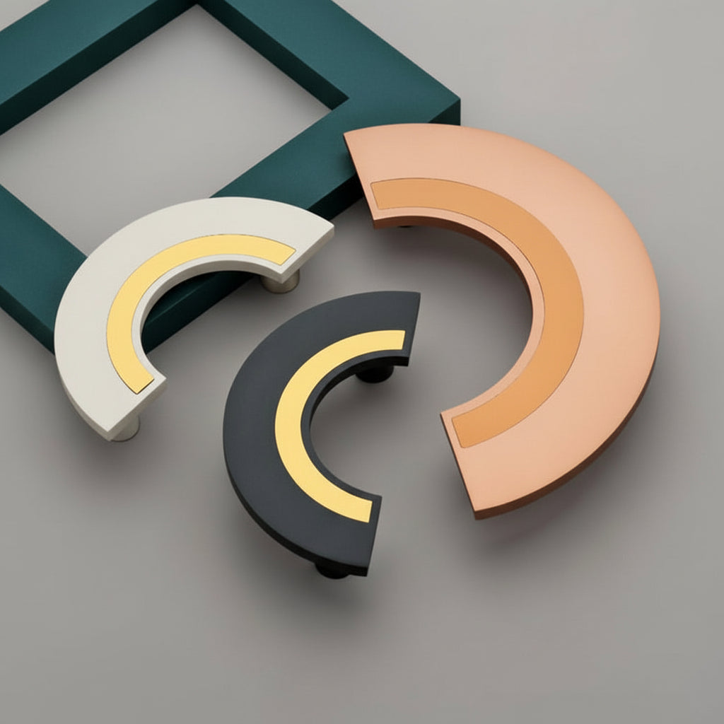 A luxury collection of Creatick DH-102 modern semi-circular arc cabinet handles featuring a sophisticated dual-tone inlay design. These artistic crescent-shaped furniture pulls are shown in matte black with gold, brushed rose gold, and satin champagne finishes—ideal for minimalist kitchen cabinetry, designer wardrobes, and contemporary home hardware.