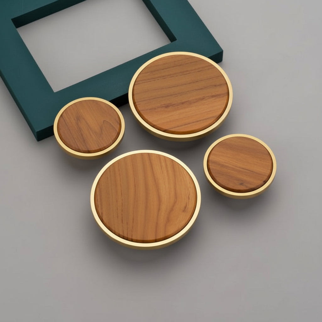 A luxury collection of Creatick DH-121 modern circular cabinet knobs featuring a premium natural wood grain inlay. These minimalist furniture pulls are shown in various sizes with elegant metal borders in brushed gold and satin silver finishes—perfect for high-end kitchen cabinetry, mid-century modern wardrobes, and bespoke furniture hardware.