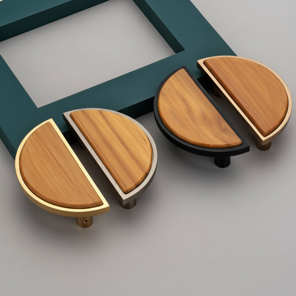 A luxury collection of Creatick DH-123 modern half-moon cabinet handles featuring a premium natural wood grain inlay. These artistic semi-circle furniture pulls are shown in matte black, polished gold, and satin silver frames, offering a sophisticated hardware solution for contemporary kitchen cabinetry and designer wardrobes.