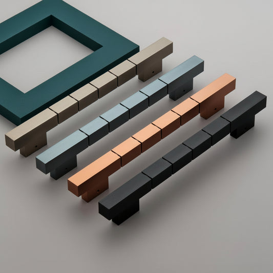 A premium collection of Creatick DH-16 modern door pull handles featuring a bold square segmented design. These luxury hardware pulls are shown in satin gold, gunmetal grey, rose gold, and matte black finishes, displayed against a minimalist grey and teal background—perfect for main entry doors and contemporary interior decor.