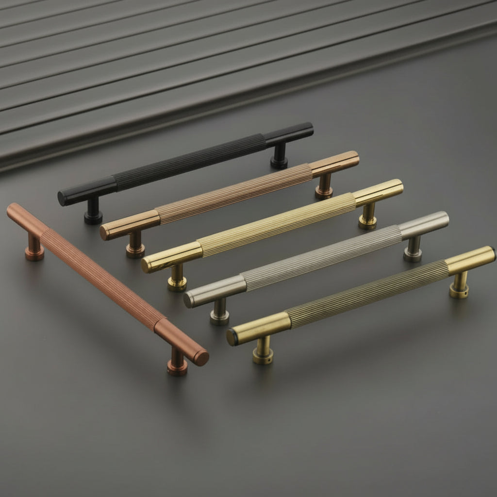 A premium collection of Creatick DH-17 modern cylindrical door pull handles featuring a sophisticated knurled center texture for enhanced grip. These luxury hardware pulls are displayed in rose gold, matte black, champagne, polished gold, satin silver, and antique brass finishes, ideal for high-end main doors and contemporary interior cabinetry.