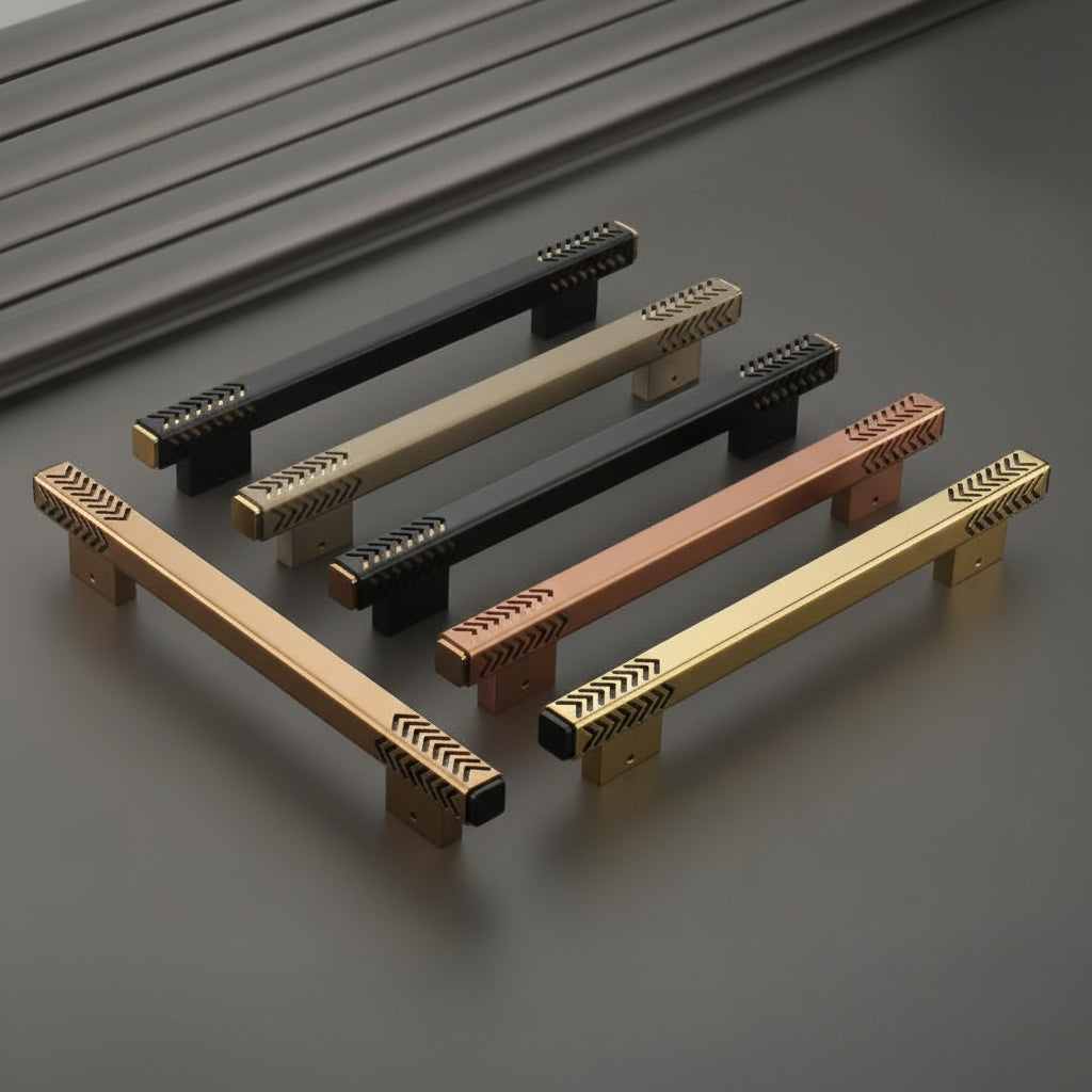 A collection of Creatick DH-18 modern door pull handles featuring a unique laser-cut chevron pattern on the ends. These premium square-profile handles are shown in elegant finishes including champagne gold, matte black, rose gold, and polished gold, designed for luxury main entry doors and contemporary interior hardware.