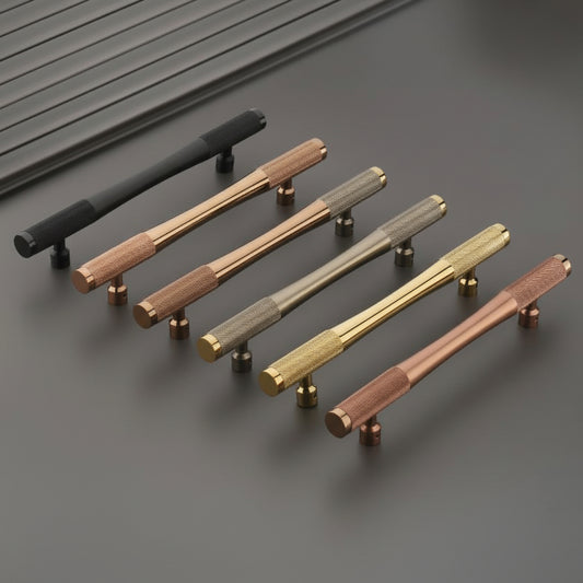 A premium collection of Creatick DH-19 modern tapered door pull handles featuring sophisticated knurled grip ends. These luxury hardware pulls are shown in matte black, polished rose gold, champagne, satin silver, and gold finishes, designed for high-end main entry doors and contemporary furniture installations.