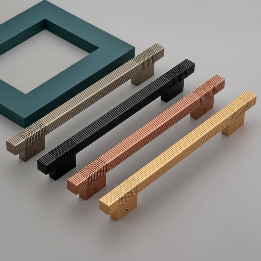 A collection of Creatick DH-20 modern door pull handles featuring a unique square profile with a combination of linear and knurled textures. These luxury hardware handles are shown in champagne gold, matte black, rose gold, and polished gold finishes, displayed against a minimalist grey and teal background—perfect for main entry doors and premium furniture.