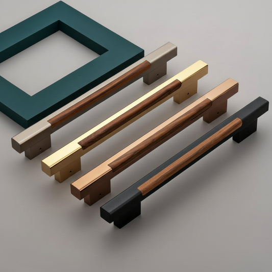 A luxury collection of Creatick DH-21 modern door pull handles featuring a sophisticated wood grain inlay set into a square metal profile. These premium handles are shown in satin champagne, polished gold, rose gold, and matte black finishes, providing an elegant hardware solution for contemporary main entry doors and high-end cabinetry.