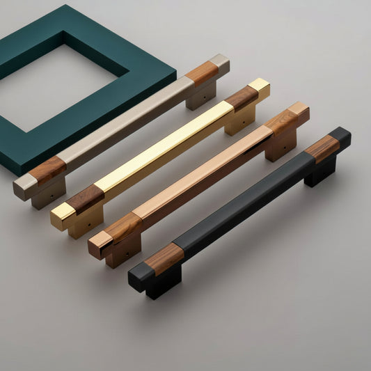 A luxury collection of Creatick DH-22 modern door pull handles featuring a square metal profile with sophisticated wood grain accents on the ends. These premium pulls are shown in satin champagne, polished gold, rose gold, and matte black finishes, offering an elegant hardware solution for contemporary main entry doors and high-end cabinetry.