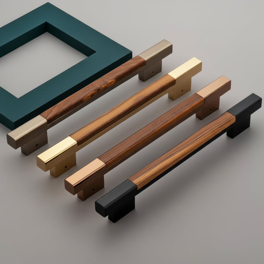 A luxury collection of Creatick DH-23 modern door pull handles featuring a sophisticated industrial geometric pattern on the center grip. These premium handles are shown in various finishes including champagne satin, gunmetal grey, polished gold, rose gold, and matte black, displayed against a minimalist grey background with a teal frame—perfect for high-end main entry doors and contemporary hardware installations.