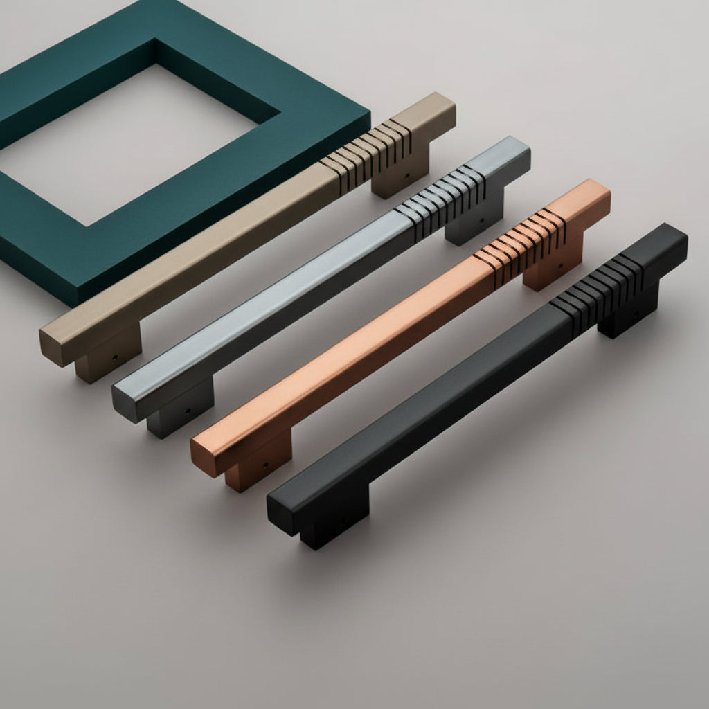 A variety of Creatick DH-25 modern square door pull handles featuring unique linear etched accents on the grip. The collection is shown in elegant finishes including antique brass, brushed silver, rose gold, and matte black, displayed against a minimalist grey background with a teal accent frame for luxury door hardware inspiration.