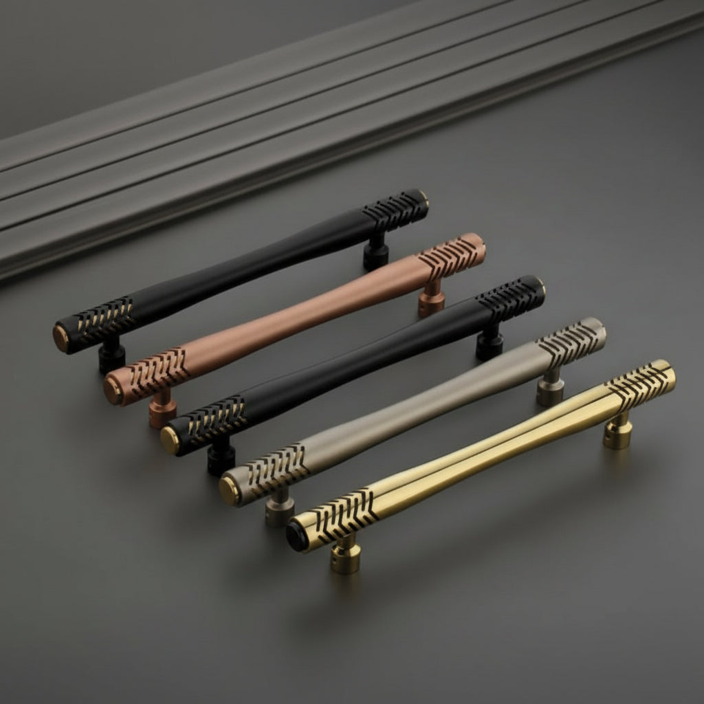 A premium collection of Creatick DH-30 modern tapered door pull handles featuring a sophisticated laser-etched chevron pattern on the ends. These luxury cylindrical handles are shown in matte black, rose gold, satin champagne, and polished gold finishes, providing an elegant hardware solution for contemporary main entry doors and high-end interior cabinetry.