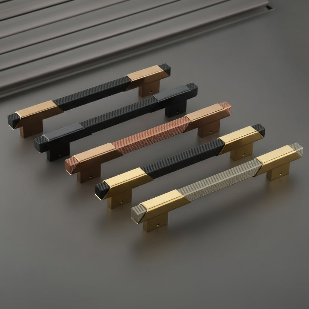 A premium collection of Creatick DH-31 modern square door pull handles featuring a sophisticated dual-tone design with linear textured center grips. These luxury hardware pulls are shown in elegant finish combinations including black and gold, matte black, rose gold, and champagne gold, providing a bold architectural statement for high-end main entry doors.