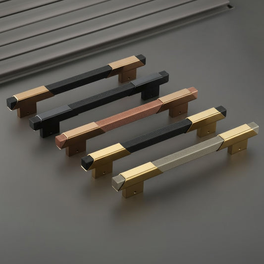 A premium collection of Creatick DH-31 modern square door pull handles featuring a sophisticated dual-tone design with linear textured center grips. These luxury hardware pulls are shown in elegant finish combinations including black and gold, matte black, rose gold, and champagne gold, providing a bold architectural statement for high-end main entry doors.
