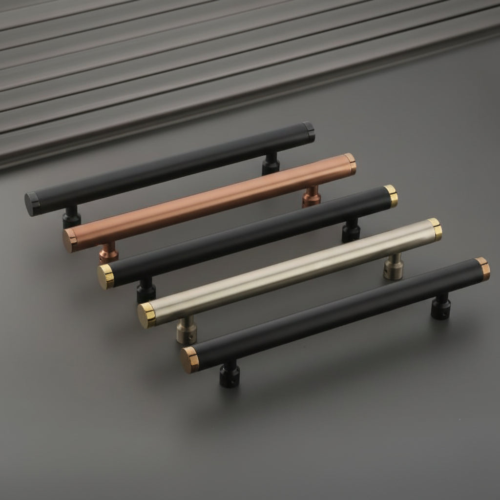 A premium collection of Creatick DH-32 modern cylindrical door pull handles featuring a sleek minimalist profile with contrast-finish end caps. These luxury hardware handles are shown in matte black with gold accents, brushed rose gold, and satin silver finishes, providing an elegant architectural statement for contemporary main entry doors and interior decor.