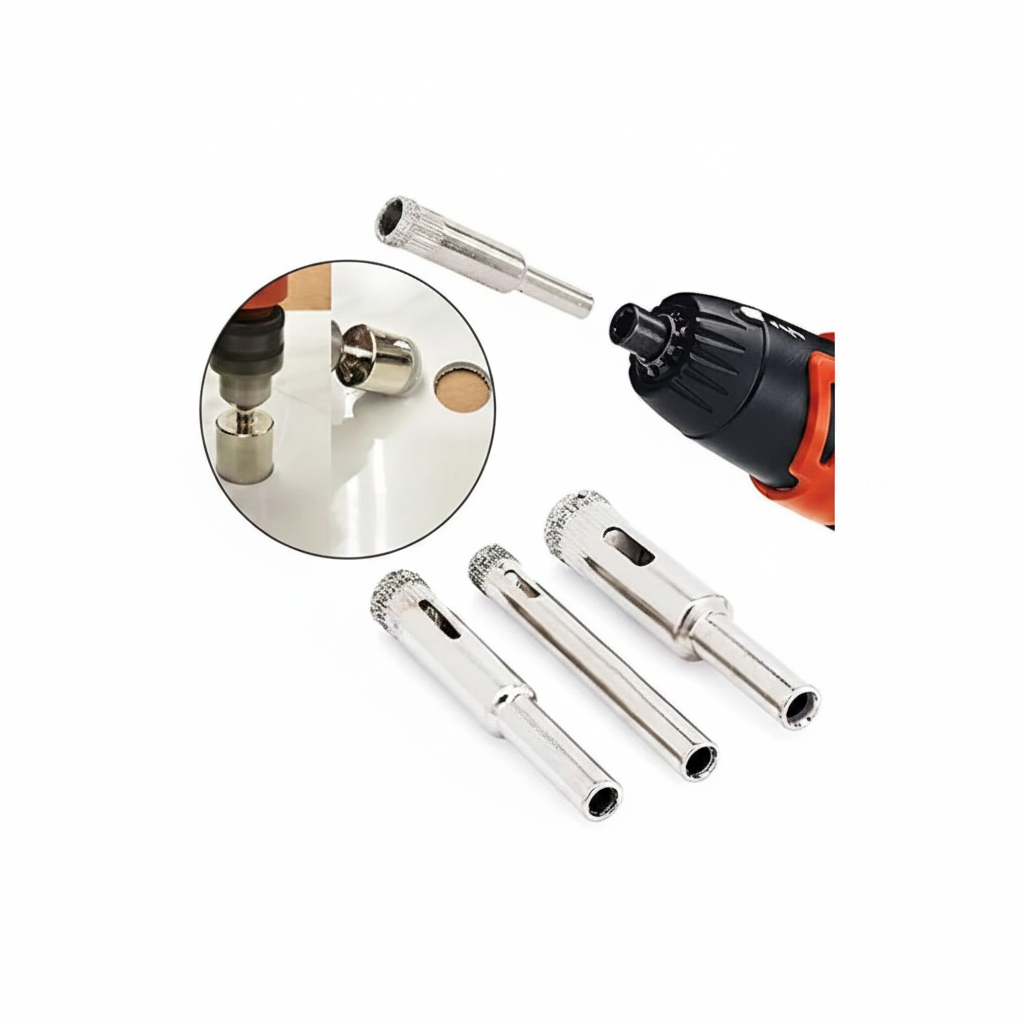 Demonstration of a diamond-coated core drill bit making a clean circular cut in a ceramic tile surface, shown alongside an electric drill and a set of assorted diamond hole saws with side clearance slots for debris removal.