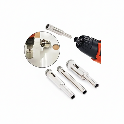 Demonstration of a diamond-coated core drill bit making a clean circular cut in a ceramic tile surface, shown alongside an electric drill and a set of assorted diamond hole saws with side clearance slots for debris removal.