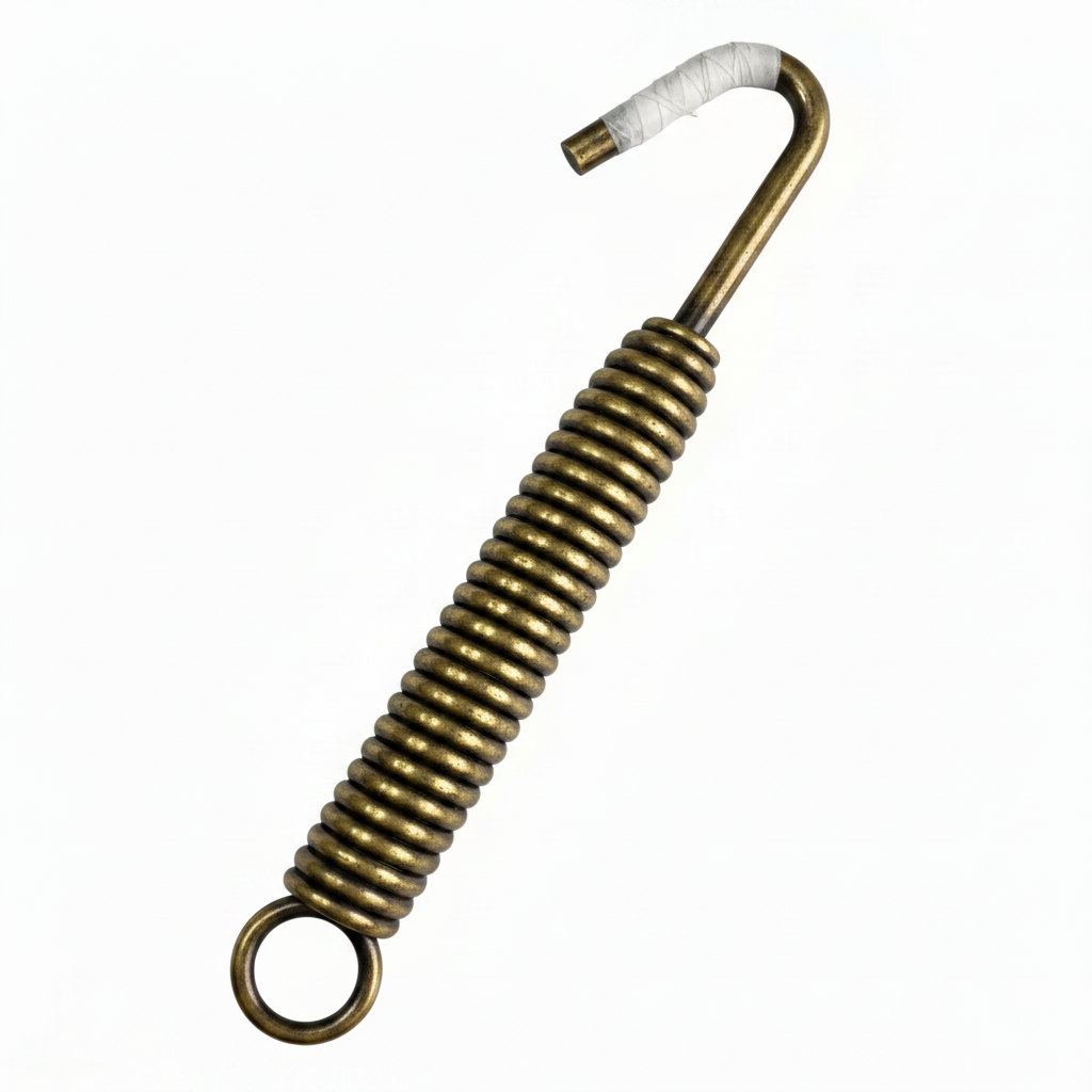 A premium heavy-duty Jhula spring featuring a vintage antique brass finish and a high-tensile steel tension coil. This specialized swing hardware includes a secure top hook and a reinforced bottom loop, designed to provide a smooth, cushioned bouncing movement for traditional indoor swings, hanging chairs, and hammocks. The elegant brass-toned finish makes it a perfect functional and decorative accessory for luxury home interiors and ethnic decor setups.