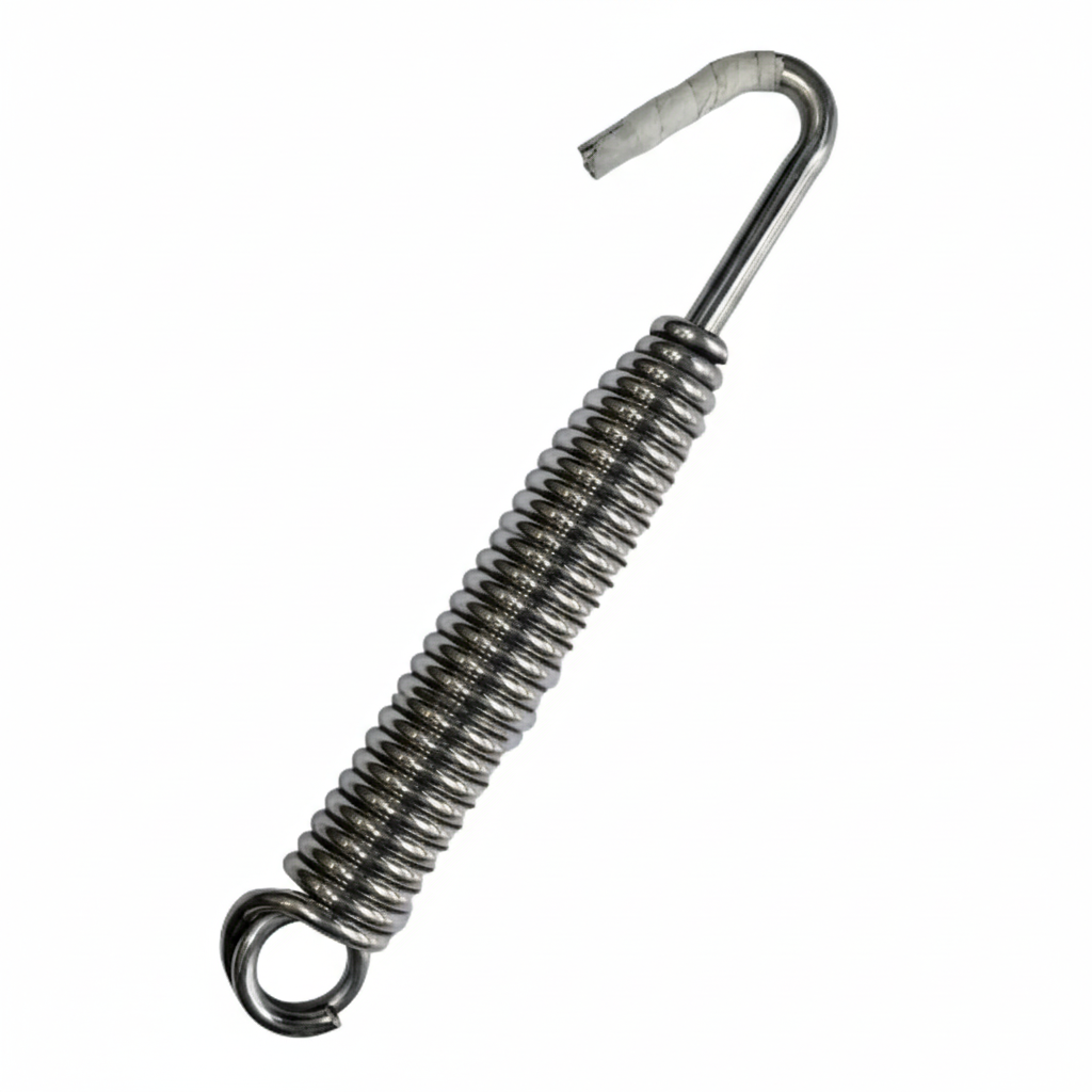 A high-tensile SS 202 grade stainless steel Jhula spring featuring a heavy-duty tension coil and a secure top hook. This durable hardware is designed for indoor and outdoor swinging chairs, hammocks, and traditional Indian Jhulas, providing a smooth, cushioned bouncing effect and high load-bearing capacity. The rust-resistant finish ensures long-lasting performance for home relaxation setups and patio furniture.