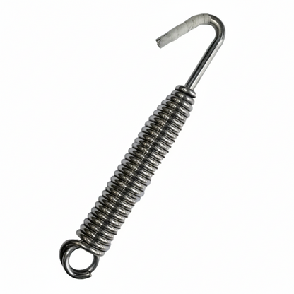 A high-tensile SS 202 grade stainless steel Jhula spring featuring a heavy-duty tension coil and a secure top hook. This durable hardware is designed for indoor and outdoor swinging chairs, hammocks, and traditional Indian Jhulas, providing a smooth, cushioned bouncing effect and high load-bearing capacity. The rust-resistant finish ensures long-lasting performance for home relaxation setups and patio furniture.