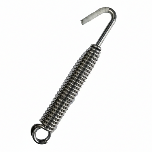 A high-tensile SS 202 grade stainless steel Jhula spring featuring a heavy-duty tension coil and a secure top hook. This durable hardware is designed for indoor and outdoor swinging chairs, hammocks, and traditional Indian Jhulas, providing a smooth, cushioned bouncing effect and high load-bearing capacity. The rust-resistant finish ensures long-lasting performance for home relaxation setups and patio furniture.
