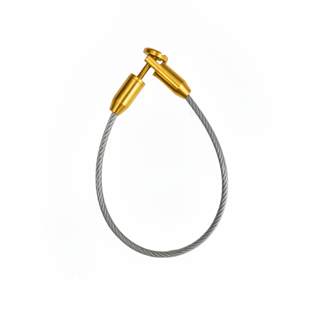 A premium DLP Jhula wire rope made from high-strength SS304 grade stainless steel with a luxurious satin gold finish. This heavy-duty braided cable features a secure, adjustable threaded connector for customizable length and easy installation. Perfect for suspending indoor swings, ceiling-mounted egg chairs, and designer Jhulas, this hardware combines architectural-grade safety with an elegant aesthetic for high-end residential interiors.