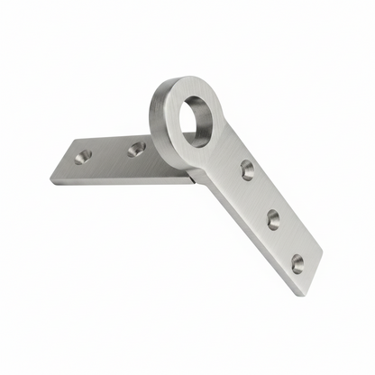 A high-grade DLP148 stainless steel corner Kada hook featuring a brushed satin finish. This specialized L-shaped corner bracket is designed for the secure structural mounting of wooden Jhulas and indoor swings, providing a reinforced anchor point with multiple pre-drilled screw holes. Its heavy-duty construction ensures maximum stability and safety for hanging furniture in modern residential interiors.