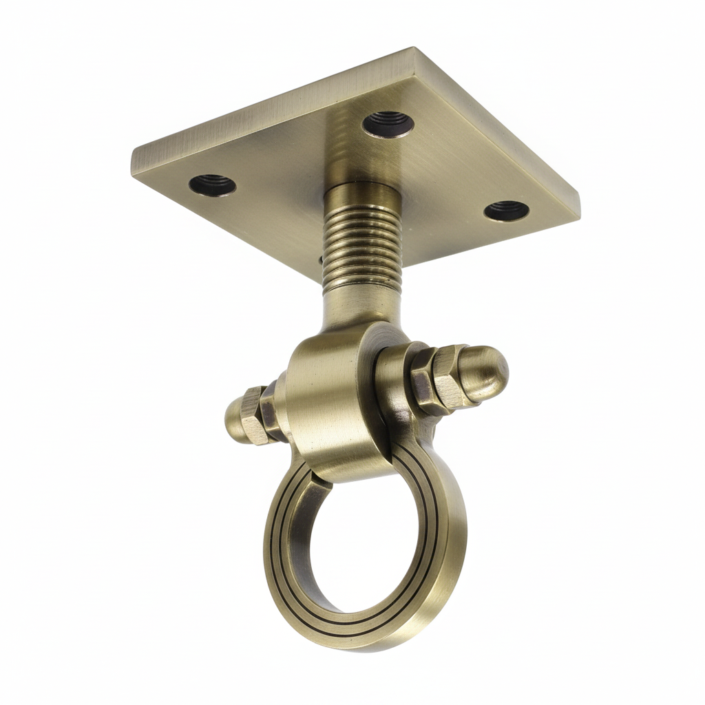 A premium DLP153 ceiling-mounted Jhula hook (Kada) featuring a classic antique brass finish. This heavy-duty swinging chair hook is designed with a square mounting plate, a reinforced threaded stem, and a smooth-rotating ring for friction-free movement. Ideal for hanging indoor swings, hammocks, or heavy decorative fixtures, providing a blend of traditional Indian aesthetic and high-load structural reliability.