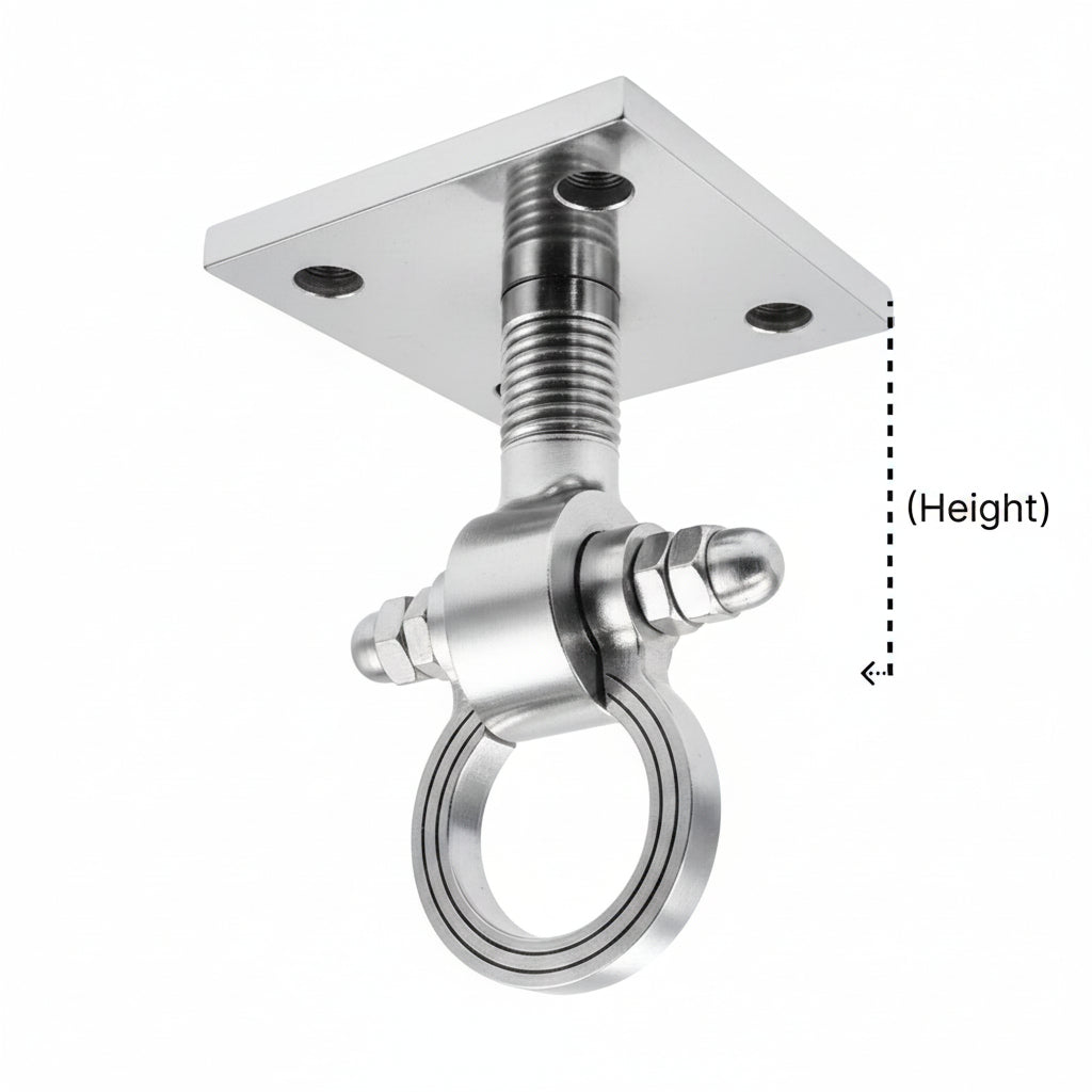 A premium DLP153 ceiling-mounted Jhula hook (Kada) featuring chrome finish. This heavy-duty swinging chair hook is designed with a square mounting plate, a reinforced threaded stem, and a smooth-rotating ring for friction-free movement. Ideal for hanging indoor swings, hammocks, or heavy decorative fixtures, providing a blend of traditional Indian aesthetic and high-load structural reliability.