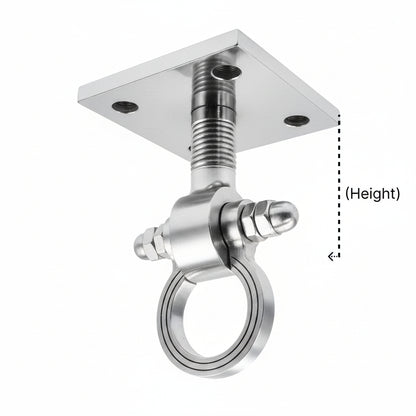 A premium DLP153 ceiling-mounted Jhula hook (Kada) featuring chrome finish. This heavy-duty swinging chair hook is designed with a square mounting plate, a reinforced threaded stem, and a smooth-rotating ring for friction-free movement. Ideal for hanging indoor swings, hammocks, or heavy decorative fixtures, providing a blend of traditional Indian aesthetic and high-load structural reliability.