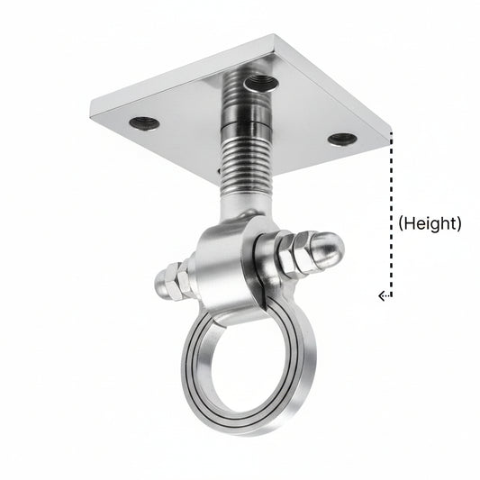 A premium DLP153 ceiling-mounted Jhula hook (Kada) featuring chrome finish. This heavy-duty swinging chair hook is designed with a square mounting plate, a reinforced threaded stem, and a smooth-rotating ring for friction-free movement. Ideal for hanging indoor swings, hammocks, or heavy decorative fixtures, providing a blend of traditional Indian aesthetic and high-load structural reliability.