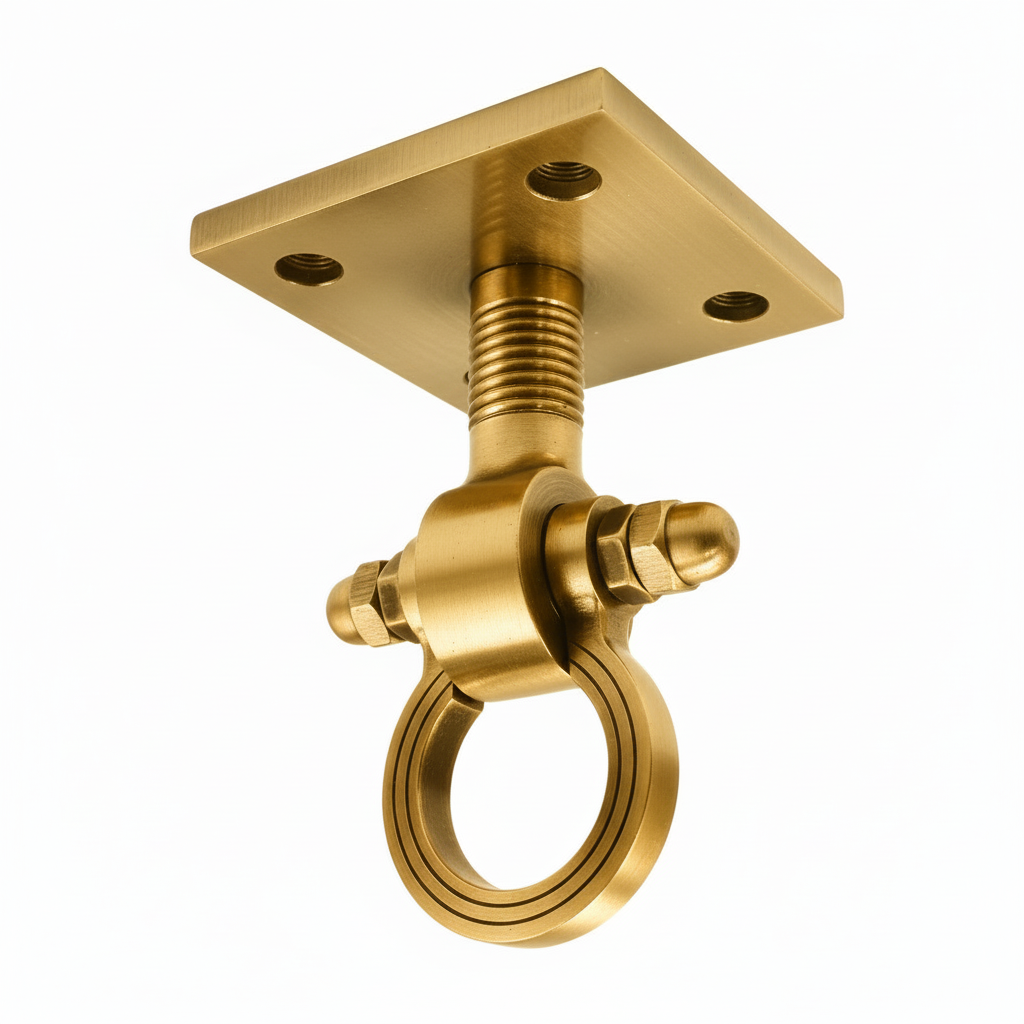 A premium DLP153 ceiling-mounted Jhula hook (Kada) featuring pvd gold glossy finish. This heavy-duty swinging chair hook is designed with a square mounting plate, a reinforced threaded stem, and a smooth-rotating ring for friction-free movement. Ideal for hanging indoor swings, hammocks, or heavy decorative fixtures, providing a blend of traditional Indian aesthetic and high-load structural reliability.