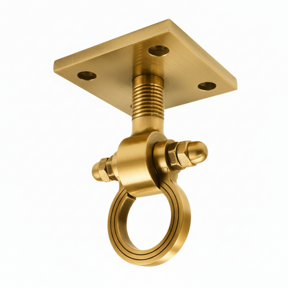 A premium DLP153 ceiling-mounted Jhula hook (Kada) featuring pvd gold glossy finish. This heavy-duty swinging chair hook is designed with a square mounting plate, a reinforced threaded stem, and a smooth-rotating ring for friction-free movement. Ideal for hanging indoor swings, hammocks, or heavy decorative fixtures, providing a blend of traditional Indian aesthetic and high-load structural reliability.