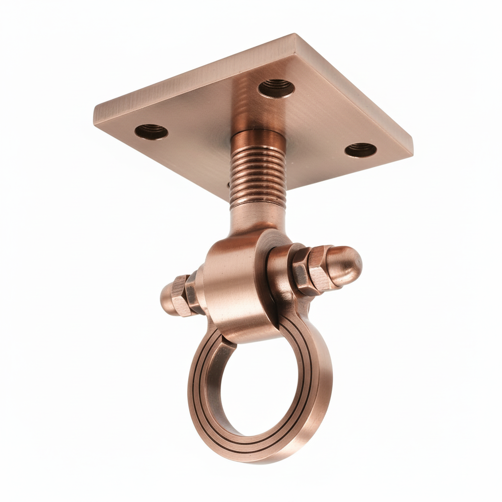 A premium DLP153 ceiling-mounted Jhula hook (Kada) featuring a  pvd rose gold glossy finish. This heavy-duty swinging chair hook is designed with a square mounting plate, a reinforced threaded stem, and a smooth-rotating ring for friction-free movement. Ideal for hanging indoor swings, hammocks, or heavy decorative fixtures, providing a blend of traditional Indian aesthetic and high-load structural reliability.