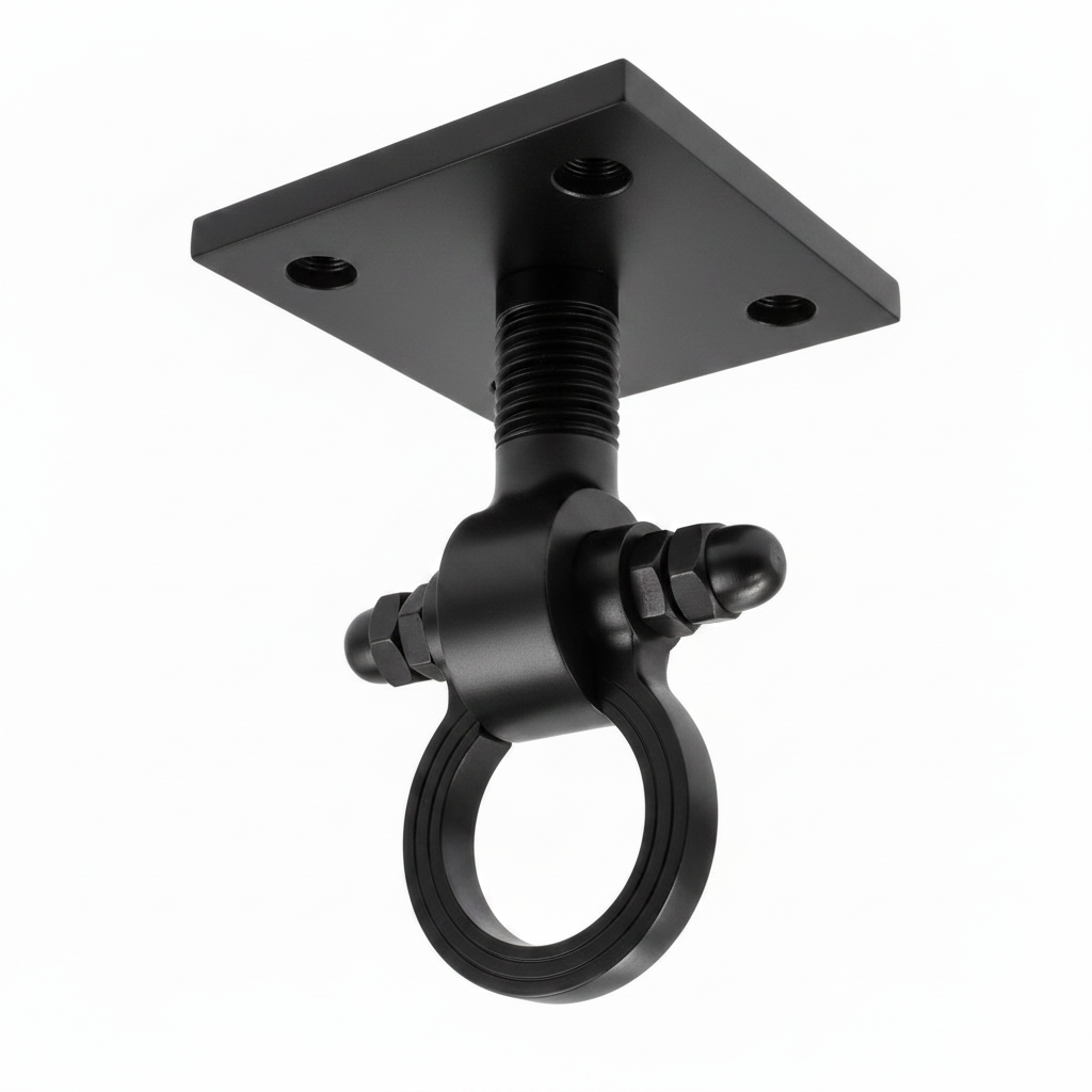 A premium DLP153 ceiling-mounted Jhula hook (Kada) featuring a pvd black finish. This heavy-duty swinging chair hook is designed with a square mounting plate, a reinforced threaded stem, and a smooth-rotating ring for friction-free movement. Ideal for hanging indoor swings, hammocks, or heavy decorative fixtures, providing a blend of traditional Indian aesthetic and high-load structural reliability.