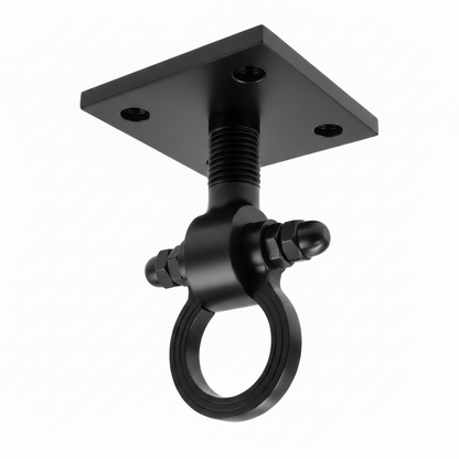 A premium DLP153 ceiling-mounted Jhula hook (Kada) featuring a pvd black finish. This heavy-duty swinging chair hook is designed with a square mounting plate, a reinforced threaded stem, and a smooth-rotating ring for friction-free movement. Ideal for hanging indoor swings, hammocks, or heavy decorative fixtures, providing a blend of traditional Indian aesthetic and high-load structural reliability.