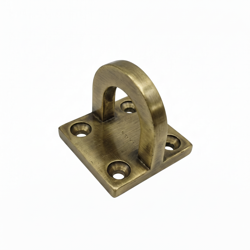A premium DLP166 D-hook mounting bracket featuring a vintage antique brass finish. This heavy-duty hardware includes a reinforced U-shaped anchor loop on a thick square base plate with four precision-drilled countersunk holes for secure installation. Ideal for mounting indoor swings (Jhulas), hanging chairs, or decorative architectural fixtures, combining high load-bearing structural safety with a classic luxury aesthetic for home interiors.