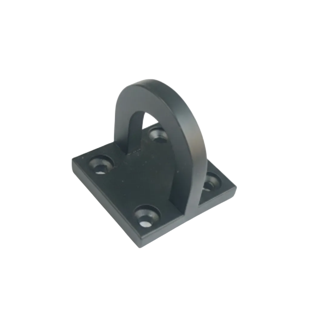A premium DLP166 D-hook mounting bracket in a sleek matte black finish. This heavy-duty hardware features a reinforced U-shaped anchor loop on a square base plate with four pre-drilled countersunk holes for secure, flush-mount installation. Ideal for hanging modern indoor swings, egg chairs, or decorative architectural fixtures, offering a minimalist contemporary look with industrial-strength load capacity for home interiors.