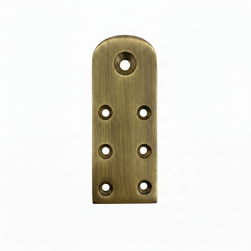 A premium DLP169 Jhula rope bottom patti (mounting plate) featuring a vintage antique brass finish. This heavy-duty structural plate is designed with seven reinforced countersunk holes for secure attachment to wooden swing seats. It serves as a high-strength anchor point for hanging ropes and chains, offering a traditional aesthetic and reliable load support for luxury indoor swings and ethnic home decor.