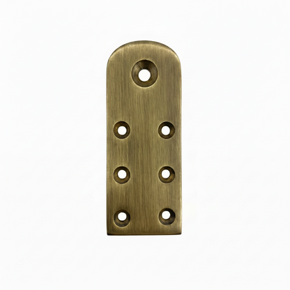 A premium DLP169 Jhula rope bottom patti (mounting plate) featuring a vintage antique brass finish. This heavy-duty structural plate is designed with seven reinforced countersunk holes for secure attachment to wooden swing seats. It serves as a high-strength anchor point for hanging ropes and chains, offering a traditional aesthetic and reliable load support for luxury indoor swings and ethnic home decor.