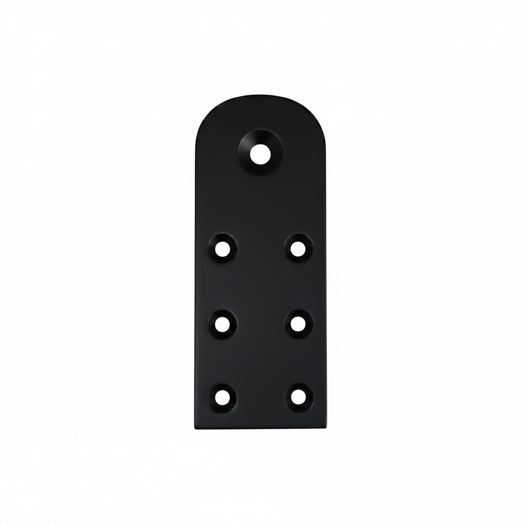 A premium DLP169 Jhula rope bottom patti (mounting plate) in a sleek matte black finish. Crafted from high-grade SS304 stainless steel, this durable hardware plate features seven precision-drilled countersunk holes for a secure, flush-mount installation on wooden swing seats. It provides a heavy-duty anchor point for hanging ropes or chains, making it ideal for modern, minimalist indoor swings and contemporary home interiors.