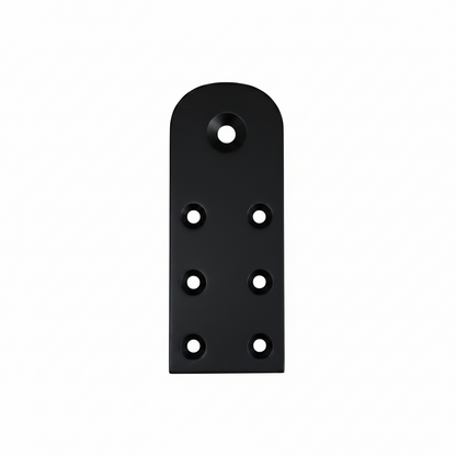 A premium DLP169 Jhula rope bottom patti (mounting plate) in a sleek matte black finish. Crafted from high-grade SS304 stainless steel, this durable hardware plate features seven precision-drilled countersunk holes for a secure, flush-mount installation on wooden swing seats. It provides a heavy-duty anchor point for hanging ropes or chains, making it ideal for modern, minimalist indoor swings and contemporary home interiors.