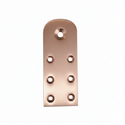 A high-quality DLP169 Jhula rope bottom patti (mounting plate) in a trendy rose gold finish. Constructed from SS304 grade stainless steel, this heavy-duty hardware plate features seven precision-drilled countersunk holes for a secure, flush attachment to wooden swing seats. It provides a robust and stylish anchor point for ropes or chains, perfect for modern interior design and high-end residential swing installations.