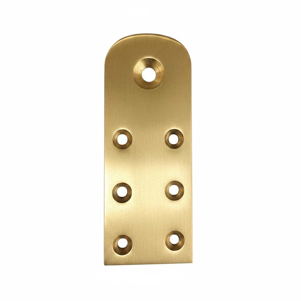 A premium DLP169 Jhula rope bottom patti (mounting plate) featuring a luxury satin gold finish. This heavy-duty SS304 grade stainless steel hardware is designed with seven precision countersunk holes for a flush and secure fit on wooden swing seats. It provides a high-load bearing anchor point for hanging ropes or chains, combining modern elegance with structural safety for high-end indoor swings and contemporary home decor.