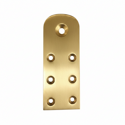 A premium DLP169 Jhula rope bottom patti (mounting plate) featuring a luxury satin gold finish. This heavy-duty SS304 grade stainless steel hardware is designed with seven precision countersunk holes for a flush and secure fit on wooden swing seats. It provides a high-load bearing anchor point for hanging ropes or chains, combining modern elegance with structural safety for high-end indoor swings and contemporary home decor.