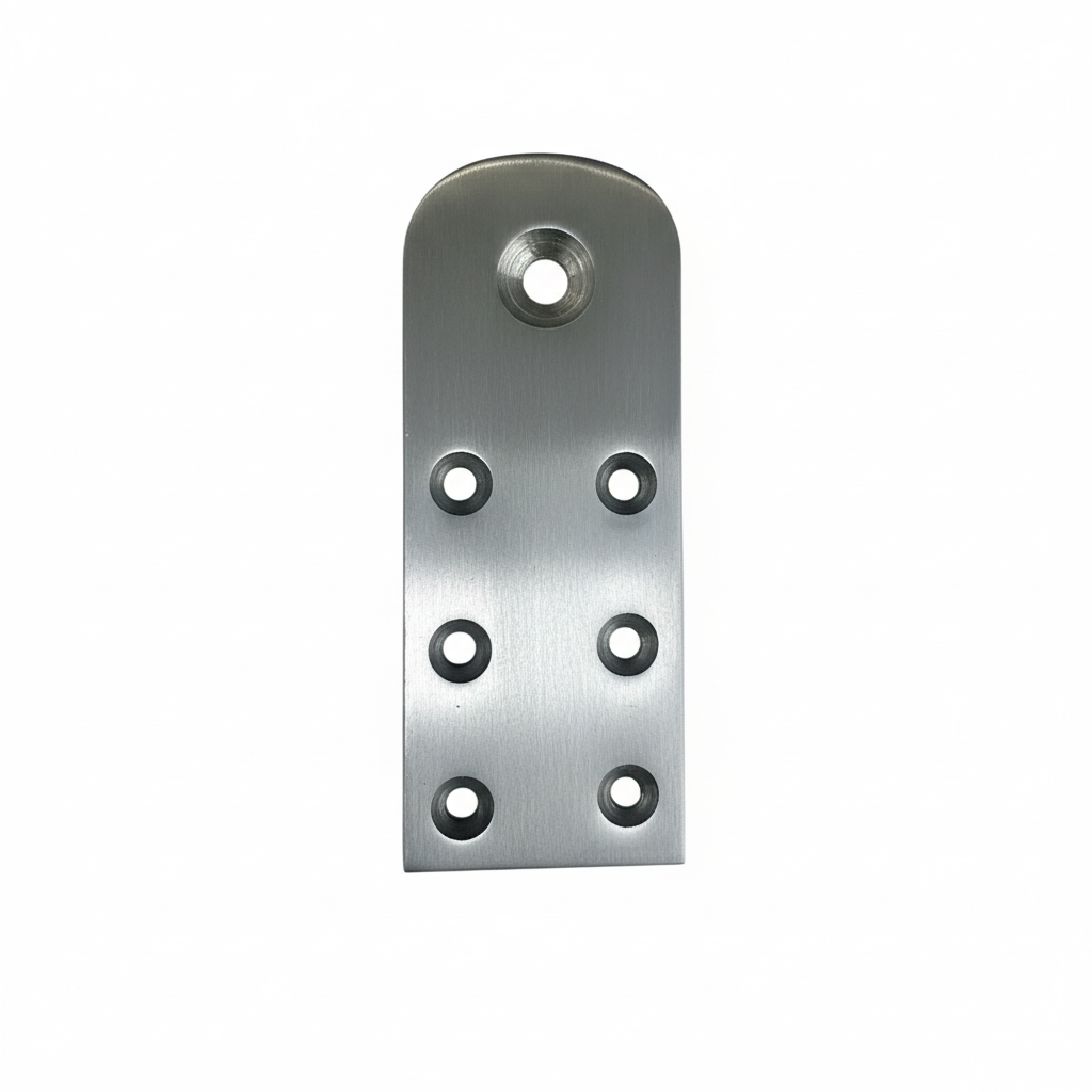 A premium DLP169 Jhula rope bottom patti (mounting plate) made from high-grade SS 304 stainless steel. This heavy-duty hardware plate features a brushed satin finish and seven precision-drilled countersunk holes for secure fastening to wooden swing seats. It is designed to provide a reinforced anchor point for ropes or chains, ensuring structural safety and rust-free durability for indoor and outdoor traditional Indian swings.
