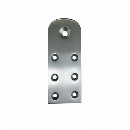 A premium DLP169 Jhula rope bottom patti (mounting plate) made from high-grade SS 304 stainless steel. This heavy-duty hardware plate features a brushed satin finish and seven precision-drilled countersunk holes for secure fastening to wooden swing seats. It is designed to provide a reinforced anchor point for ropes or chains, ensuring structural safety and rust-free durability for indoor and outdoor traditional Indian swings.