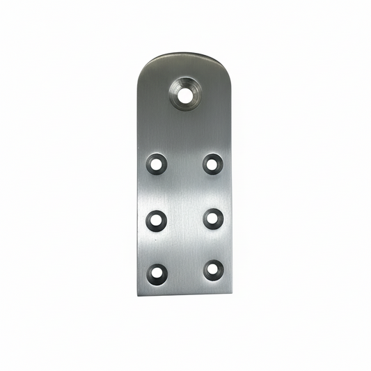 A premium DLP169 Jhula rope bottom patti (mounting plate) made from high-grade SS 304 stainless steel. This heavy-duty hardware plate features a brushed satin finish and seven precision-drilled countersunk holes for secure fastening to wooden swing seats. It is designed to provide a reinforced anchor point for ropes or chains, ensuring structural safety and rust-free durability for indoor and outdoor traditional Indian swings.